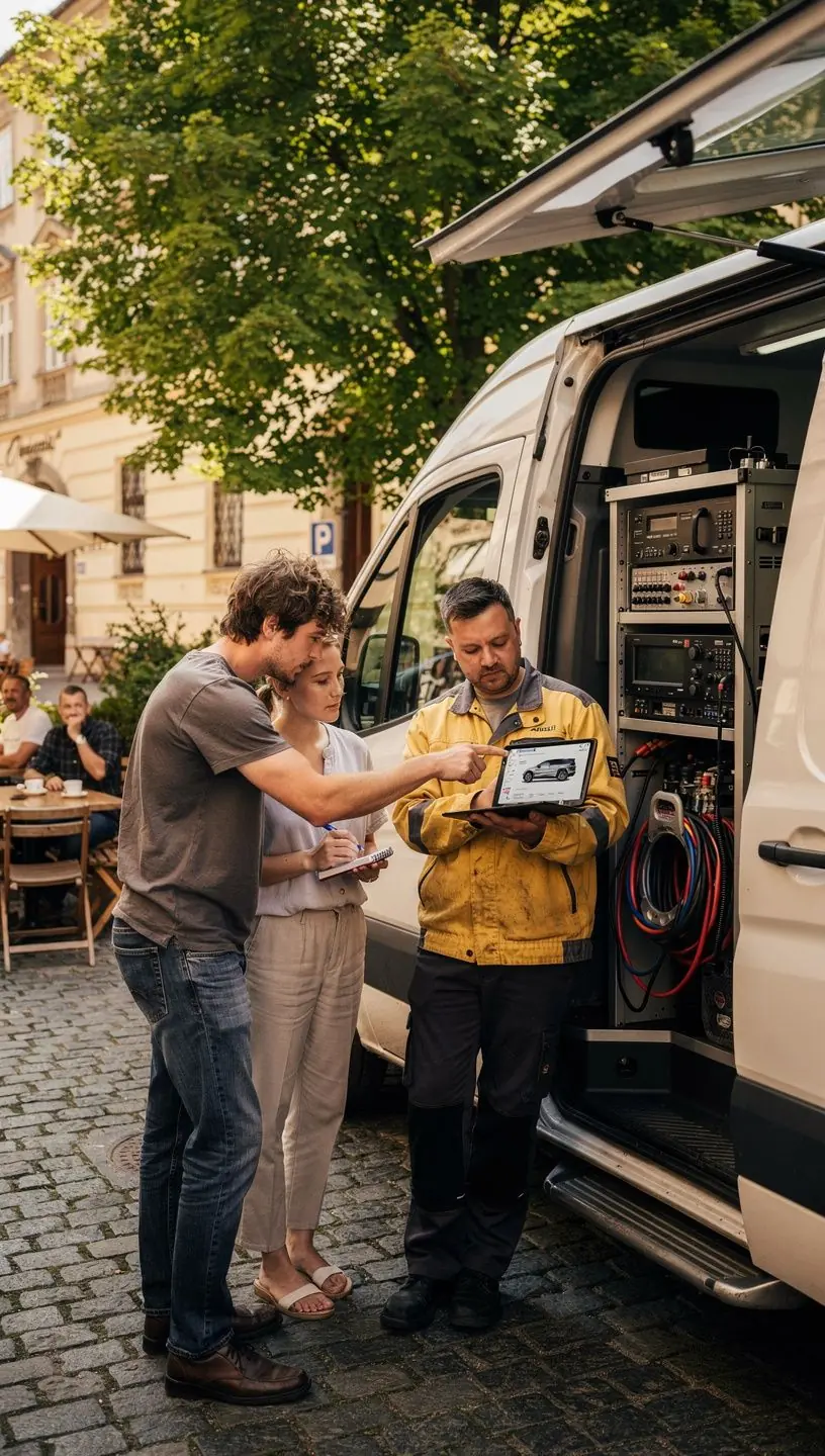 Mobilná jednotka pred-diagnostiky na parkovisku s technikom, ktorý zaznamenáva údaje o vozidle.
