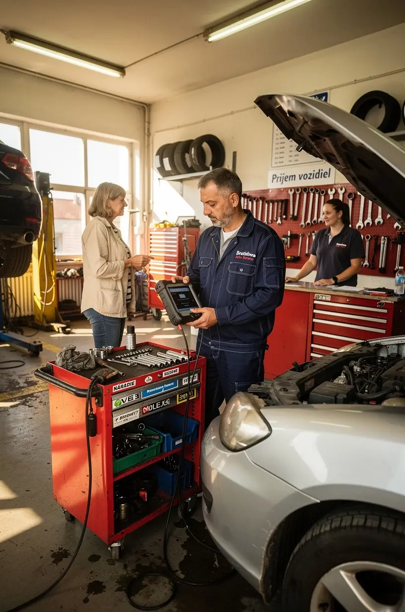 Mobilný technik vykonáva diagnostiku vozidla pomocou prenosného zariadenia pred návštevou autoservisu, poskytujúci okamžitú správu o stave a odporúčania na opravu.